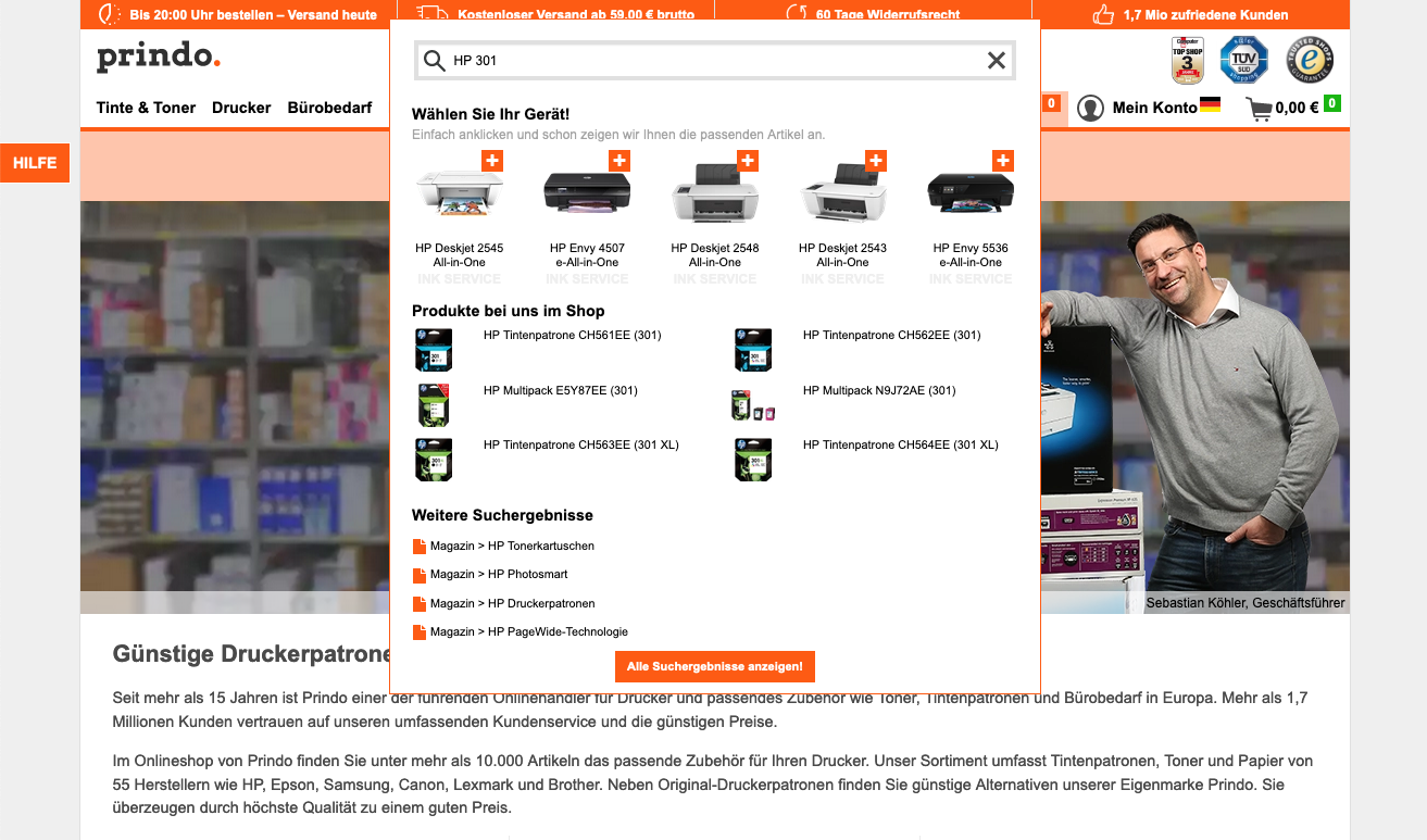 Umsetzung der Suche für Onlineshops auf www.prindo.de